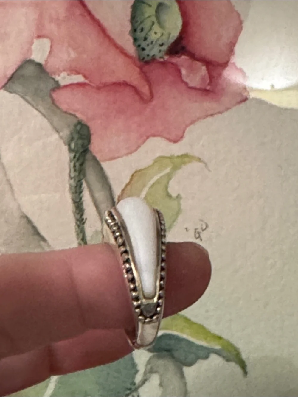 Sterling Silver Ring with White Center Stone and Beaded Edge